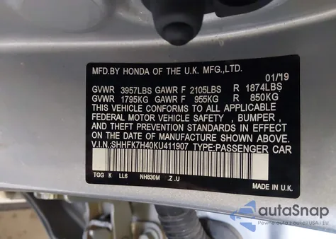 2019 Honda Civic Sport from USA, damaged, VIN SHHFK7H40KU411907